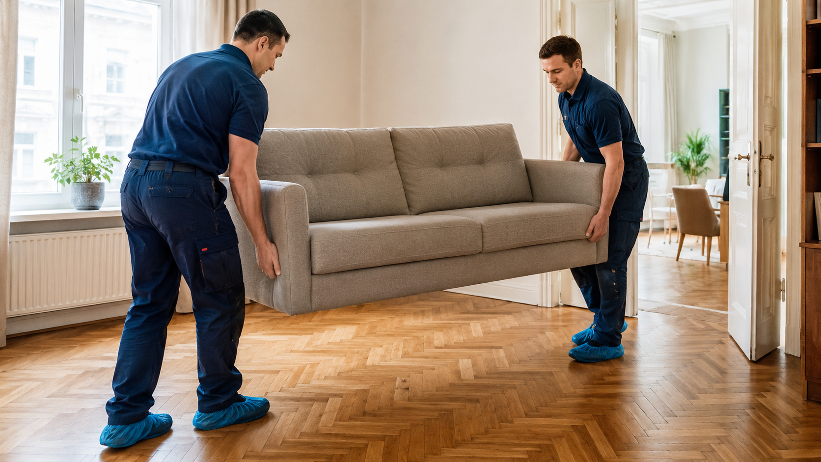 Команда Servis-Parket выносит мебель перед циклевкой паркета